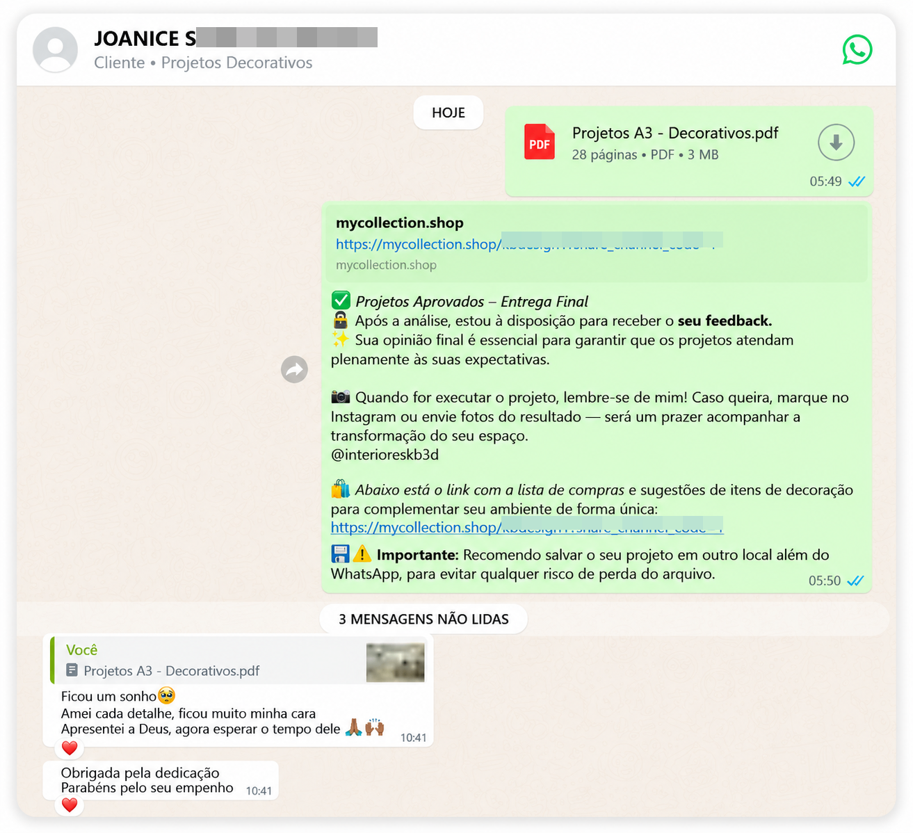 Print de WhatsApp com feedback da cliente Joanice dizendo que ficou um sonho, amou cada detalhe e agradecendo pela dedicação.